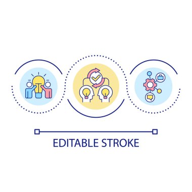 Fikirleri ve uzmanlık döngüsü konsepti ikonunu paylaşın. Takım çalışması ve işbirliği. İş konsolidasyonu soyut fikir ince çizgi çizimi. İzole bir taslak çizim. Düzenlenebilir felç. Kullanılan Arial yazı tipi