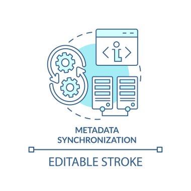 Meta veri senkronizasyonu turkuaz konsept simgesi. Dizin servisi fikri soyut ince çizgi çizimi. Elementleri senkronla İzole bir taslak çizim. Düzenlenebilir felç. Arial, Myriad Pro-Kalın yazı tipleri