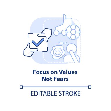 Değerlere odaklan, açık mavi kavram ikonuna değil. Değişimle uğraşmak soyut fikir ince çizgi çizimi. İzole bir taslak çizim. Düzenlenebilir felç. Arial, Myriad Pro-Kalın yazı tipleri