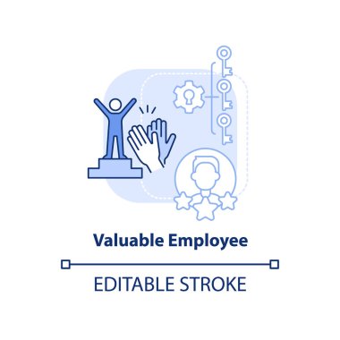 Değerli bir çalışan, açık mavi konsept simgesi. Sapı değişiyor. Adapte edilebilirlik fikri ince çizgi illüstrasyonunun faydaları. İzole bir taslak çizim. Düzenlenebilir felç. Arial, Myriad Pro-Kalın yazı tipleri