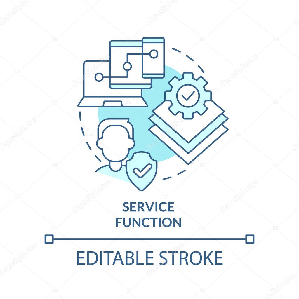 Service function turquoise concept icon. Identity management process abstract idea thin line illustration. Remote access. Isolated outline drawing. Editable stroke. Arial, Myriad Pro-Bold fonts used