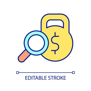 Büyüteç ve kettlebell RGB renk simgesi. Finansal borç araştırması. Yükümlülükler ve yükümlülükler araştırılıyor. İzole vektör çizimi. Basit bir çizgi çizimi. Düzenlenebilir felç. Kullanılan Arial yazı tipi