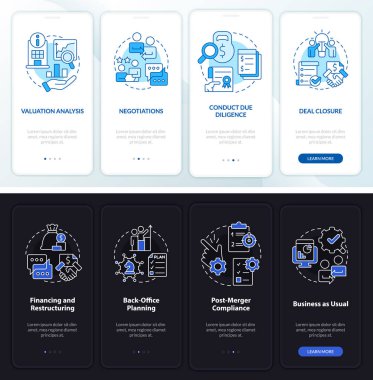 Mobil uygulama ekranında birleşme gece ve gündüz modları. Doğrusal kavramlarla düzenlenebilir grafik yönergelerini dört adımda gözden geçir. UI, UX, GUI şablonu. Kullanılan sayısız Pro-Kalın, Düzenli yazı tipleri