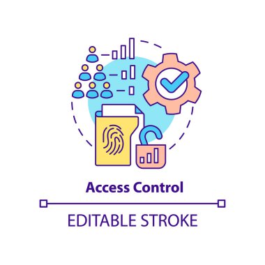 Erişim kontrol konsepti simgesi. Fiziksel güvenlik standart soyut fikir ince çizgi çiziminin bir parçası. Siber güvenlik. İzole bir taslak çizim. Düzenlenebilir felç. Arial, Myriad Pro-Kalın yazı tipleri