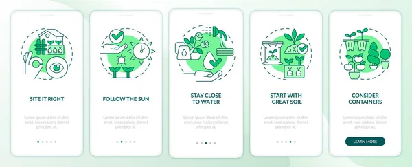 Gardening Tips Green Onboarding Mobile App Screen Successful Planting Walkthrough — Stock Vector
