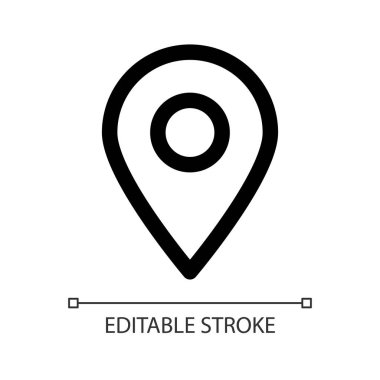 Konum beyaz doğrusal ui simgesi. Navigasyon işareti. İstikamet ve varış noktası. GUI, UX tasarımı. Uygulama ve web için izole edilmiş kullanıcı arayüzü ögesi. Düzenlenebilir felç. Kullanılan Arial yazı tipi