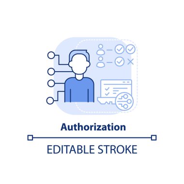 Açık mavi konsept simgesi yetkilendirmesi. Kimlik yönetimi soyut fikir ince çizgi çizimi. Bilgisayar güvenliği. İzole bir taslak çizim. Düzenlenebilir felç. Arial, Myriad Pro-Kalın yazı tipleri