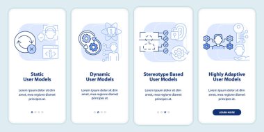 Mobil uygulama ekranında açık mavi modelleme. Doğrusal kavramlarla birlikte 4 adımlık düzenlenebilir grafik yönergeleriyle etkileşim. UI, UX, GUI şablonu. Kullanılan sayısız Pro-Kalın, Düzenli yazı tipleri