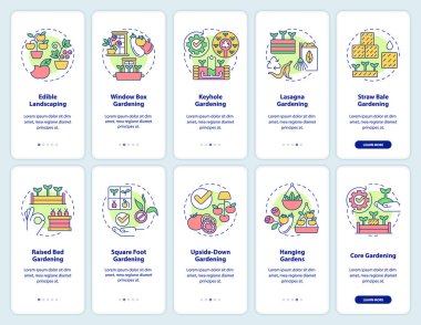 Mobil uygulama ekranında bahçıvanlık yöntemleri. Doğrusal kavramlarla düzenlenebilir grafik talimatları yerleştirmek. UI, UX, GUI şablonu. Kullanılan sayısız Pro-Kalın, Düzenli yazı tipleri