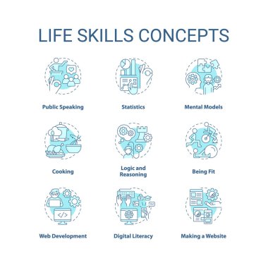 Yaşam becerileri turkuaz konsept simgeleri ayarlandı. Psikosososyal yeterlilik fikri ince çizgi renkli çizimler. Kişisel gelişim. İzole semboller. Düzenlenebilir felç. Kullanılan Roboto-Orta, Myriad Pro-Kalın yazı tipleri