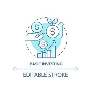 Temel yatırım turkuaz konsept ikonu. Kişisel gelişim soyut fikir ince çizgi çizimi. Gelir sağlıyor. İzole bir taslak çizim. Düzenlenebilir felç. Arial, Myriad Pro-Kalın yazı tipleri