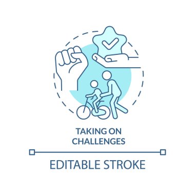 Turkuaz konsept ikonu ile mücadele etmek. Çocuk soyut fikirleri için yaşam becerisi ince çizgi çizimi. Engelleri aşın. İzole bir taslak çizim. Düzenlenebilir felç. Arial, Myriad Pro-Kalın yazı tipleri