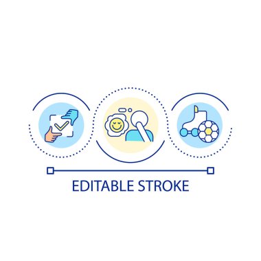 Pozitif düşünce döngüsü konsept simgesi. Faiz ve hobileri düşün. Boş zaman aktivitelerine odaklanmak soyut fikir ince çizgili illüstrasyon. İzole bir taslak çizim. Düzenlenebilir felç. Kullanılan Arial yazı tipi