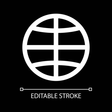 Koyu tema için küresel beyaz doğrusal ui simgesi. Uluslararası ve küresel. İnternet işareti. Vektör çizgisi çizimi. Gece modu için izole edilmiş kullanıcı arayüzü sembolü. Düzenlenebilir felç. Kullanılan Arial yazı tipi