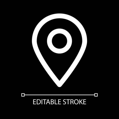 Koyu tema için konum beyaz doğrusal ui simgesi. Navigasyon işareti. Yönlendirme noktası. Vektör çizgisi çizimi. Gece modu için izole edilmiş kullanıcı arayüzü sembolü. Düzenlenebilir felç. Kullanılan Arial yazı tipi