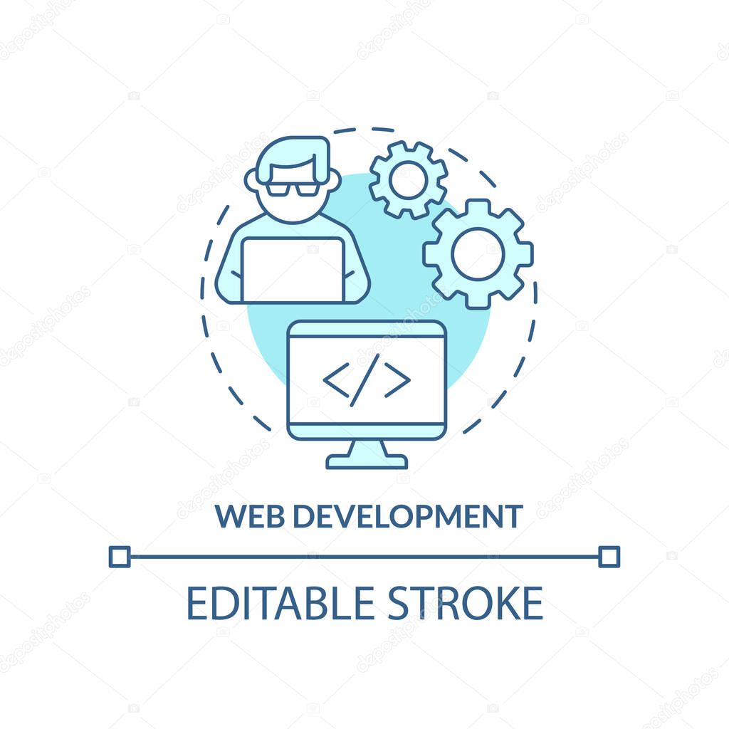 Web development turquoise concept icon. Skill to learn abstract idea thin line illustration. Computer programming. Isolated outline drawing. Editable stroke. Arial, Myriad Pro-Bold fonts used
