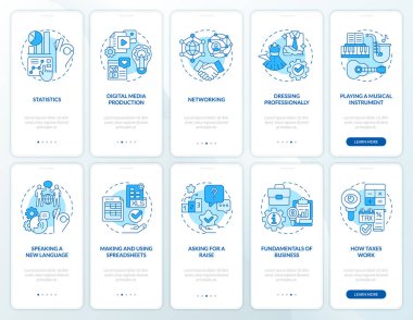 Mobil uygulama ekranında yaşam mavisi için önemli yetenekler. Doğrusal kavramlarla düzenlenebilir grafik yönergelerini 5 adımda gezdir. UI, UX, GUI şablonu. Kullanılan sayısız Pro-Kalın, Düzenli yazı tipleri
