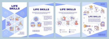 Hayat becerileri mor broşür. Yetenekler. Çizgisel simgeli broşür tasarımı. Sunum için düzenlenebilir 4 vektör düzeni, yıllık raporlar. Arial-Black, Kullanılan Myriad Pro-Normal yazı tipleri