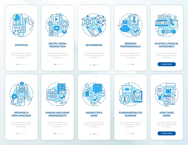 Mobil uygulama ekranında yaşam mavisi için önemli yetenekler. Doğrusal kavramlarla düzenlenebilir grafik yönergelerini 5 adımda gezdir. UI, UX, GUI şablonu. Kullanılan sayısız Pro-Kalın, Düzenli yazı tipleri