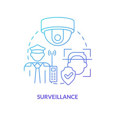 Gözetleme mavi gradyan konsept simgesi. Fiziksel güvenlik çerçevesi soyut fikir ince çizgi çizimi. Yüz tanıma. Dijital teknoloji. İzole bir taslak çizim. Kullanılan sayısız Pro-Kalın yazı tipi