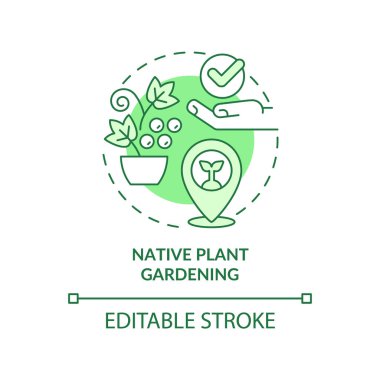 Yerli bitki yetiştirme yeşil konsept ikonu. Koşullara uyum sağlıyorum. Bahçe tipi soyut fikir ince çizgi çizimi. İzole bir taslak çizim. Düzenlenebilir felç. Arial, Myriad Pro-Kalın yazı tipleri