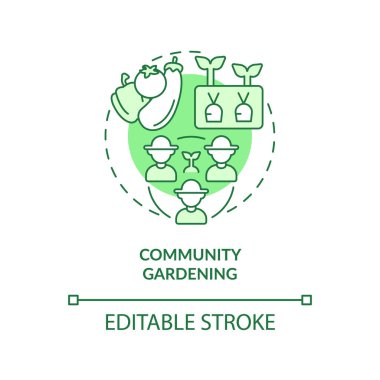 Toplum bahçeleri yeşil konsept ikonu. Bir grup insan. Sosyal aktivite. Bahçıvanlık soyut fikir ince çizgi çizimi. İzole bir taslak çizim. Düzenlenebilir felç. Arial, Myriad Pro-Kalın yazı tipleri