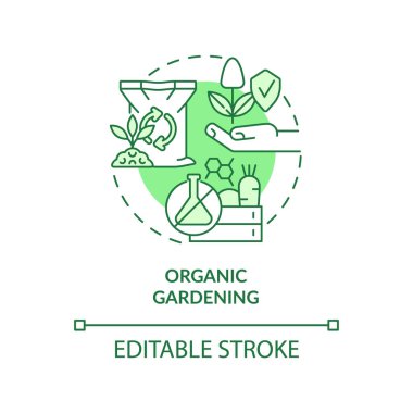 Organik bahçe yeşili konsept ikonu. Sentetik gübre yok. Bahçe tipi soyut fikir ince çizgi çizimi. İzole bir taslak çizim. Düzenlenebilir felç. Arial, Myriad Pro-Kalın yazı tipleri