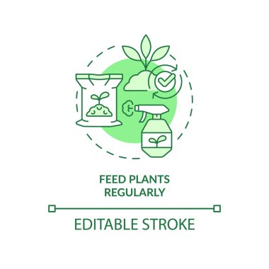 Besleme bitkileri düzenli olarak yeşil konsept ikonu. Geliştirme ve artırma büyüyor. Bahçıvanlık fikri soyut ince çizgi çizimi. İzole bir taslak çizim. Düzenlenebilir felç. Arial, Myriad Pro-Kalın yazı tipleri