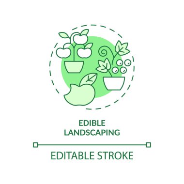 Yenebilir çevre düzenlemesi yeşil konsept ikonu. Yiyecek bitkileri de dahil. Bahçıvanlık metodu soyut fikir ince çizgi çizimi. İzole bir taslak çizim. Düzenlenebilir felç. Arial, Myriad Pro-Kalın yazı tipleri