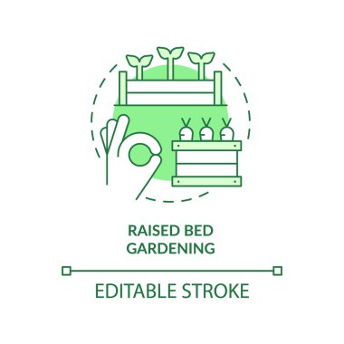 Yükseltilmiş yatak bahçesi yeşil konsept ikonu. Serbest inşaat işi. Bahçıvanlık metodu soyut fikir ince çizgi çizimi. İzole bir taslak çizim. Düzenlenebilir felç. Arial, Myriad Pro-Kalın yazı tipleri