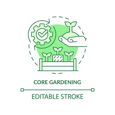 Ana bahçıvanlık yeşil konsept ikonu. Kalkmış yatak ekimi. Saman ekle. Bahçıvanlık metodu soyut fikir ince çizgi çizimi. İzole bir taslak çizim. Düzenlenebilir felç. Arial, Myriad Pro-Kalın yazı tipleri