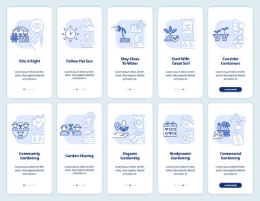Bahçe ipuçları seyyar uygulama ekranında açık mavi. Doğrusal kavramlarla düzenlenebilir grafik yönergelerini 5 adımda gezdir. UI, UX, GUI şablonu. Kullanılan sayısız Pro-Kalın, Düzenli yazı tipleri