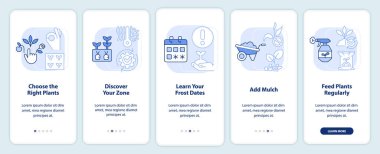 Açık mavi bahçıvanlık için ipuçları mobil uygulama ekranında. Doğrusal kavramlarla düzenlenebilir grafik talimatları yerleştirmek. UI, UX, GUI şablonu. Kullanılan sayısız Pro-Kalın, Düzenli yazı tipleri