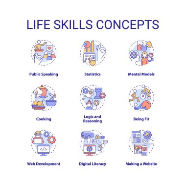 Yaşam becerileri konsept simgeleri ayarlandı. Psikososyal yeterlik öğrenme ince çizgi renk çizimleri fikri. Kişisel gelişim. İzole semboller. Düzenlenebilir felç. Kullanılan Roboto-Orta, Myriad Pro-Kalın yazı tipleri