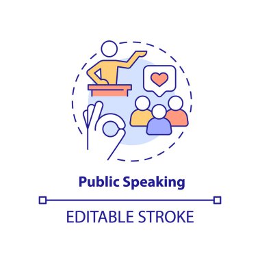 Toplum konuşma konsepti ikonu. Temel yaşam becerisi soyut fikir ince çizgi çizimi. Motivasyon konuşmacısı. Kendine güven. İzole bir taslak çizim. Düzenlenebilir felç. Arial, Myriad Pro-Kalın yazı tipleri