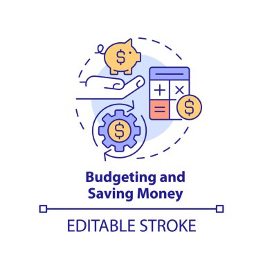 Bütçeleme ve tasarruf konsepti ikonu. Temel yaşam becerisi soyut fikir ince çizgi çizimi. Gelirleri ve giderleri hesapla. İzole bir taslak çizim. Düzenlenebilir felç. Arial, Myriad Pro-Kalın yazı tipleri