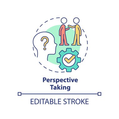 Bakış açısı kavram simgesi alıyor. Çocuklara soyut fikirleri, ince çizgi çizimini öğretmek için yaşam becerisi. İletişim gelişimi. İzole bir taslak çizim. Düzenlenebilir felç. Arial, Myriad Pro-Kalın yazı tipleri