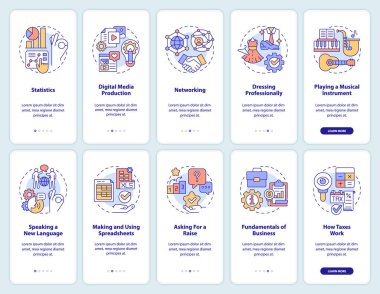 Mobil uygulama ekranında yaşam için önemli yetenekler. Doğrusal kavramlarla düzenlenebilir grafik yönergelerinin 5 adımını geçebilirsiniz. UI, UX, GUI şablonu. Kullanılan sayısız Pro-Kalın, Düzenli yazı tipleri