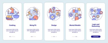 Mobil uygulama ekranında yaşam becerileri. Yetenekler ve yetenekler, doğrusal kavramlarla düzenlenebilir 5 adımdan geçer. UI, UX, GUI şablonu. Kullanılan sayısız Pro-Kalın, Düzenli yazı tipleri