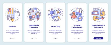Mobil uygulama ekranında profesyonel beceriler. Kariyer yürüyüşü 5 adımda düzenlenebilir grafiksel talimatlar doğrusal kavramlarla. UI, UX, GUI şablonu. Kullanılan sayısız Pro-Kalın, Düzenli yazı tipleri