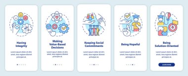 Mobil uygulama ekranındaki öğrenciler için yetenekler. Verimlilik eğitimi, doğrusal kavramlarla birlikte düzenlenebilir beş adımdan geçer. UI, UX, GUI şablonu. Kullanılan sayısız Pro-Kalın, Düzenli yazı tipleri