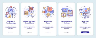 Mobil uygulama ekranında deneyimler. İş ve kariyer, doğrusal kavramlarla birlikte düzenlenebilir grafik talimatlarını beş adımda gözden geçirir. UI, UX, GUI şablonu. Kullanılan sayısız Pro-Kalın, Düzenli yazı tipleri