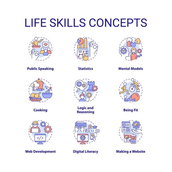 Conjunto Ícones Conceito Habilidades Vida Aprendendo Competências Psicossociais Ideia Linha —  Vetores de Stock