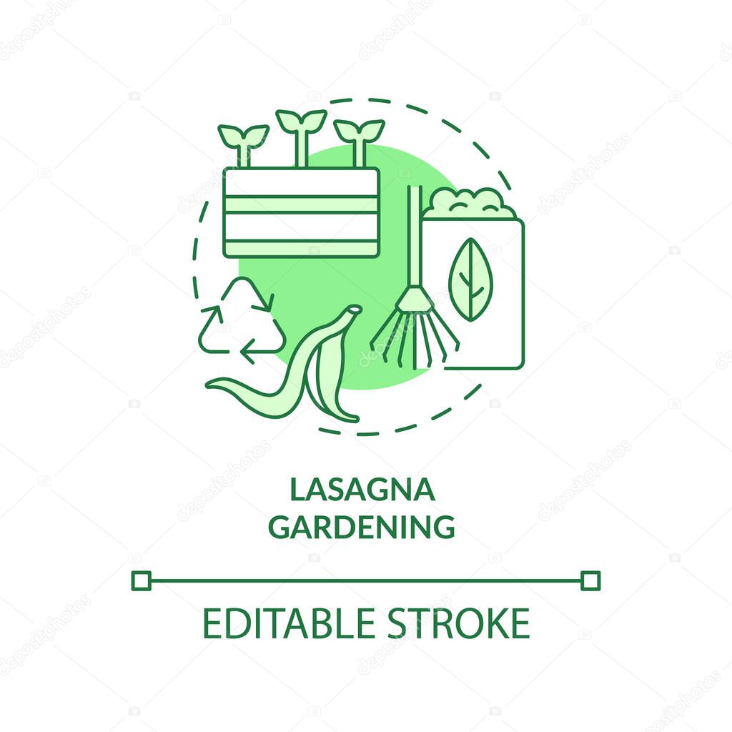 Lasagna gardening green concept icon. Sheet composting. Gardening method abstract idea thin line illustration. Isolated outline drawing. Editable stroke. Arial, Myriad Pro-Bold fonts used