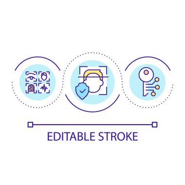 Biyometrik kimlik doğrulama döngüsü konsepti simgesi. Siber güvenlik süreci fikri soyut ince çizgi çizimi. Parmak izleri, ses ve yüz. İzole bir taslak çizim. Düzenlenebilir felç. Kullanılan Arial yazı tipi