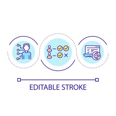 Kullanıcı döngüsü konsept simgesine izinler atayın. Erişim kontrolü soyut fikir ince çizgi çizimi. Dosya paylaşımı. Kimlik yönetimi. İzole bir taslak çizim. Düzenlenebilir felç. Kullanılan Arial yazı tipi