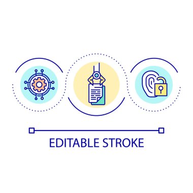 Dijital kimlik yönetimi döngü konsepti simgesi. Teknoloji kaynaklarına erişim soyut fikir ince çizgi çizimi. Belgeler sayısallaştırılıyor. İzole bir taslak çizim. Düzenlenebilir felç. Kullanılan Arial yazı tipi