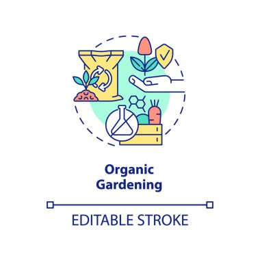 Organik bahçe konsepti ikonu. Sentetik gübre yok. Bahçe tipi soyut fikir ince çizgi çizimi. İzole bir taslak çizim. Düzenlenebilir felç. Arial, Myriad Pro-Kalın yazı tipleri