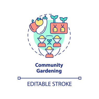 Toplum bahçecilik konsepti ikonu. Bir grup insan. Sosyal aktivite. Bahçe tipi soyut fikir ince çizgi çizimi. İzole bir taslak çizim. Düzenlenebilir felç. Arial, Myriad Pro-Kalın yazı tipleri