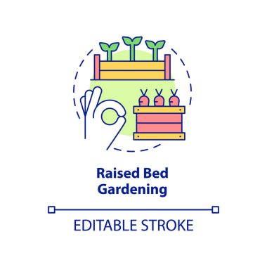 Yükseltilmiş yatak bahçesi konsepti ikonu. Serbest inşaat işi. Bahçıvanlık metodu soyut fikir ince çizgi çizimi. İzole bir taslak çizim. Düzenlenebilir felç. Arial, Myriad Pro-Kalın yazı tipleri